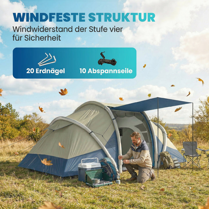 Oppusteligt 4-personers telt, hurtig opsætning, udendørs campingtelt med 2 soveværelser, netvinduer og markise