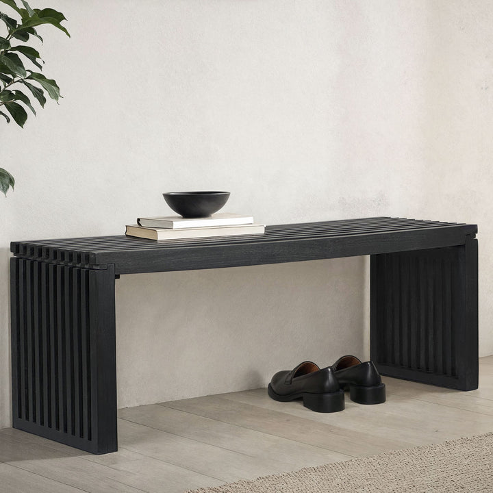 120 cm massiv akacietræsbænk, sort, moderne garderobe- og sengebænk, træbænk i entre til entré, soveværelse, stue