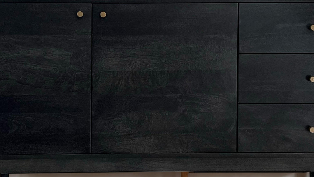 Skænk 160x81x42 cm kommode i massivt akacietræ, sort, høj moderne kommode