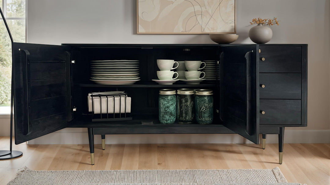 Skænk 160x81x42 cm kommode i massivt akacietræ, sort, høj moderne kommode