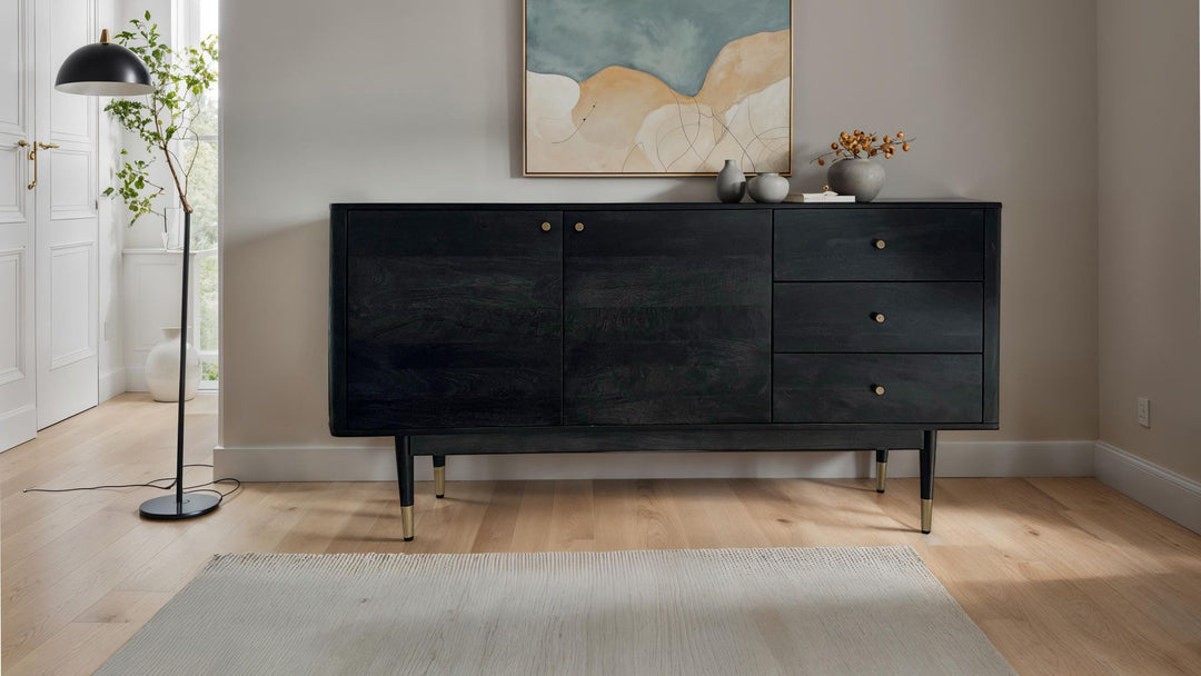 Skænk 160x81x42 cm kommode i massivt akacietræ, sort, høj moderne kommode