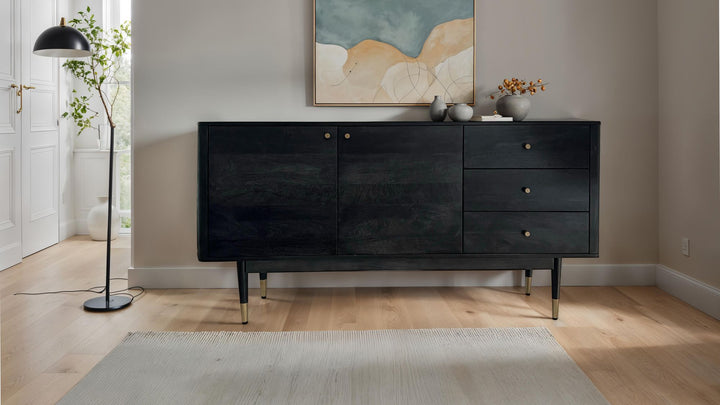 Skænk 160x81x42 cm kommode i massivt akacietræ, sort, høj moderne kommode