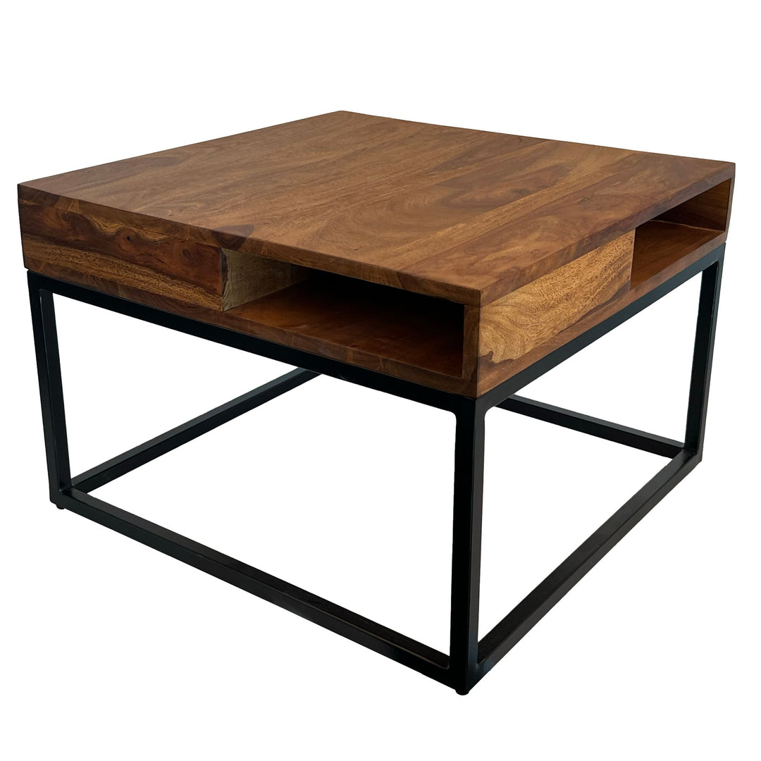 Sofabord 60x60x40 cm, massivt sheeshamtræ/metal, firkantet sofabord, stuebord med opbevaring, sofabord i massivt træ, lille sidebord, moderne firkantet stuebord