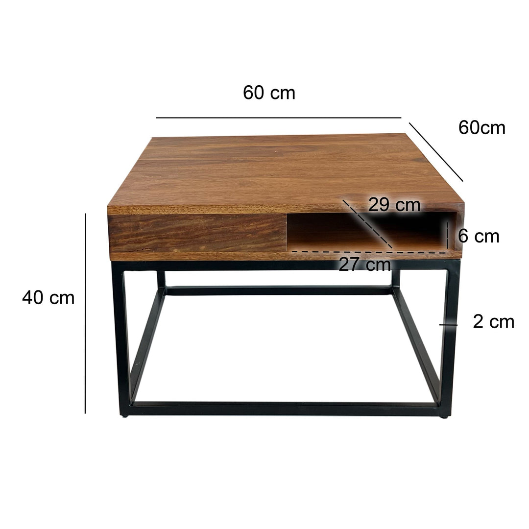 Sofabord 60x60x40 cm, massivt sheeshamtræ/metal, firkantet sofabord, stuebord med opbevaring, sofabord i massivt træ, lille sidebord, moderne firkantet stuebord