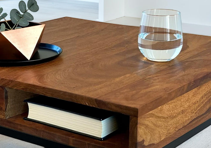 Sofabord 60x60x40 cm, massivt sheeshamtræ/metal, firkantet sofabord, stuebord med opbevaring, sofabord i massivt træ, lille sidebord, moderne firkantet stuebord