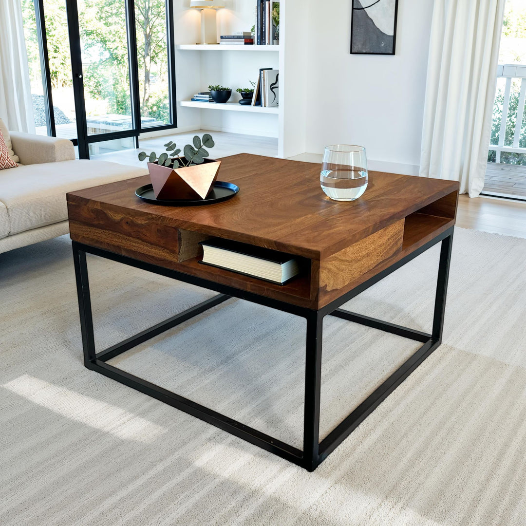 Sofabord 60x60x40 cm, massivt sheeshamtræ/metal, firkantet sofabord, stuebord med opbevaring, sofabord i massivt træ, lille sidebord, moderne firkantet stuebord