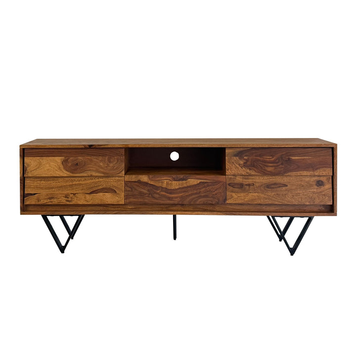 TV-lavbord i massivt sheeshamtræ, 160 cm, TV-bord med låger, skuffe, åbent rum og kabelhåndtering, TV-bord med 3D-fronter og sorte metalfødder i industrielt design.