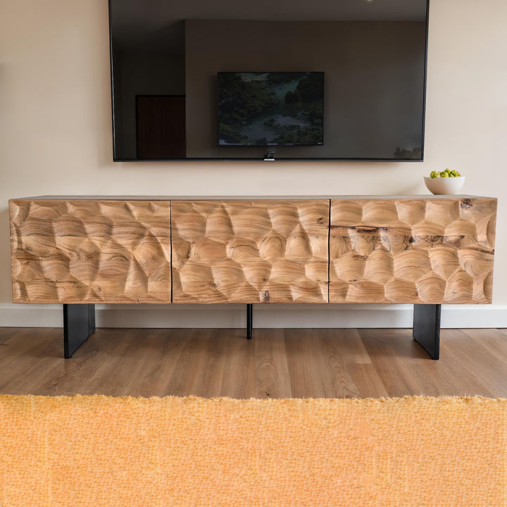 Lavskab i massivt akacietræ, 160x56x37 cm, TV-skab med tre låger, designer TV-bord med 3D-effekt, højt TV-bord/skab, moderne TV-skab, TV-bord til stue med metalben