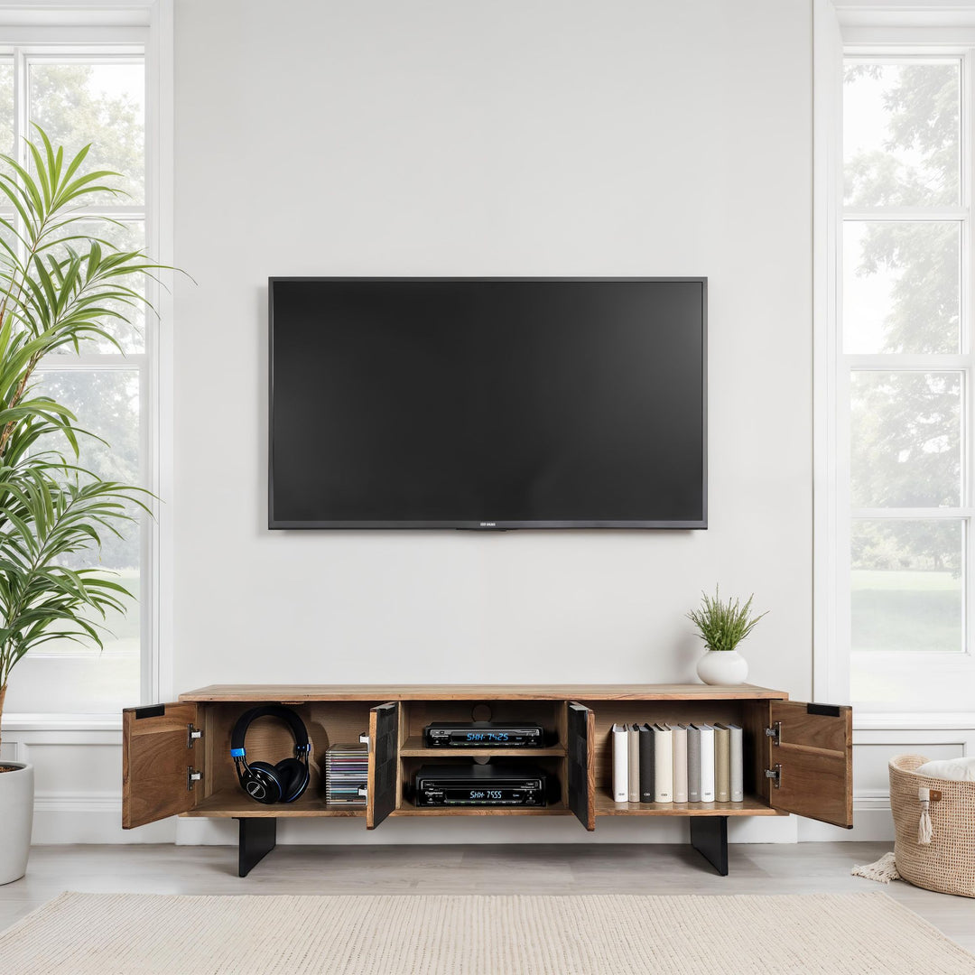 Massivt akacietræ lavbord, 150 cm, TV-bord med stenlignende fronter og metalstel, moderne TV-bord med opbevaring og kabelhåndtering, TV-skab i industriel stil til stuen