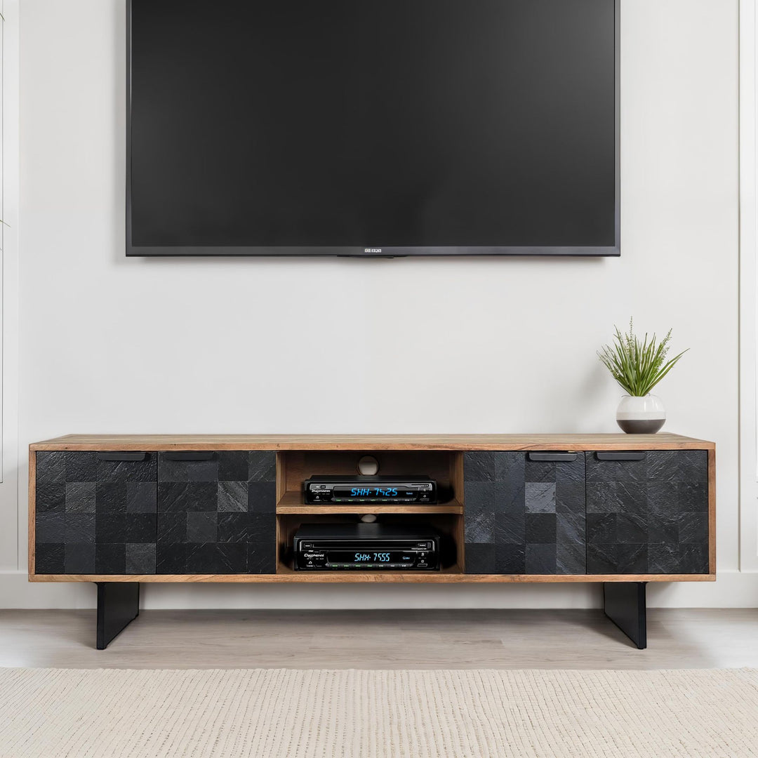 Massivt akacietræ lavbord, 150 cm, TV-bord med stenlignende fronter og metalstel, moderne TV-bord med opbevaring og kabelhåndtering, TV-skab i industriel stil til stuen