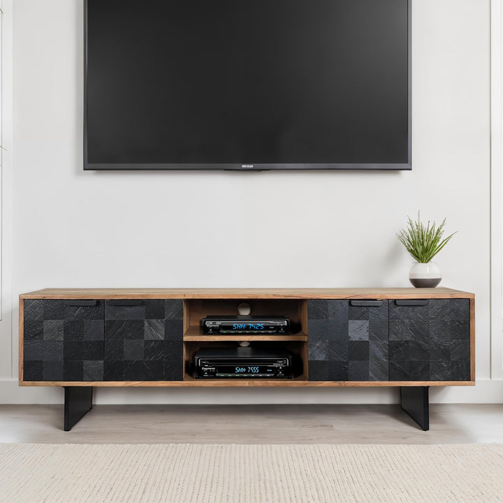 Massivt akacietræ lavbord, 150 cm, TV-bord med stenlignende fronter og metalstel, moderne TV-bord med opbevaring og kabelhåndtering, TV-skab i industriel stil til stuen