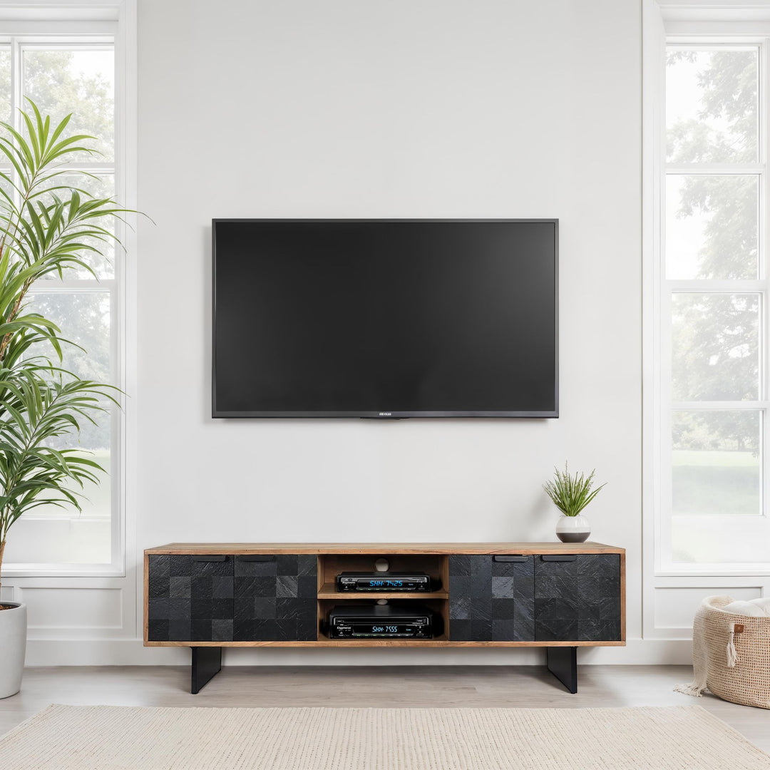 Massivt akacietræ lavbord, 150 cm, TV-bord med stenlignende fronter og metalstel, moderne TV-bord med opbevaring og kabelhåndtering, TV-skab i industriel stil til stuen