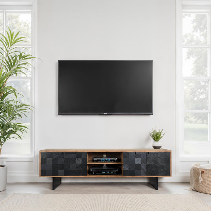 Massivt akacietræ lavbord, 150 cm, TV-bord med stenlignende fronter og metalstel, moderne TV-bord med opbevaring og kabelhåndtering, TV-skab i industriel stil til stuen