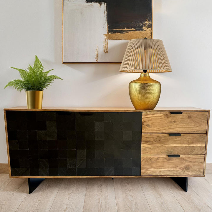 Skænk 175x76x40 cm kommode i massivt akacietræ med stenlook
