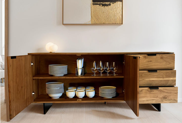 Skænk 175x76x40 cm kommode i massivt akacietræ med stenlook