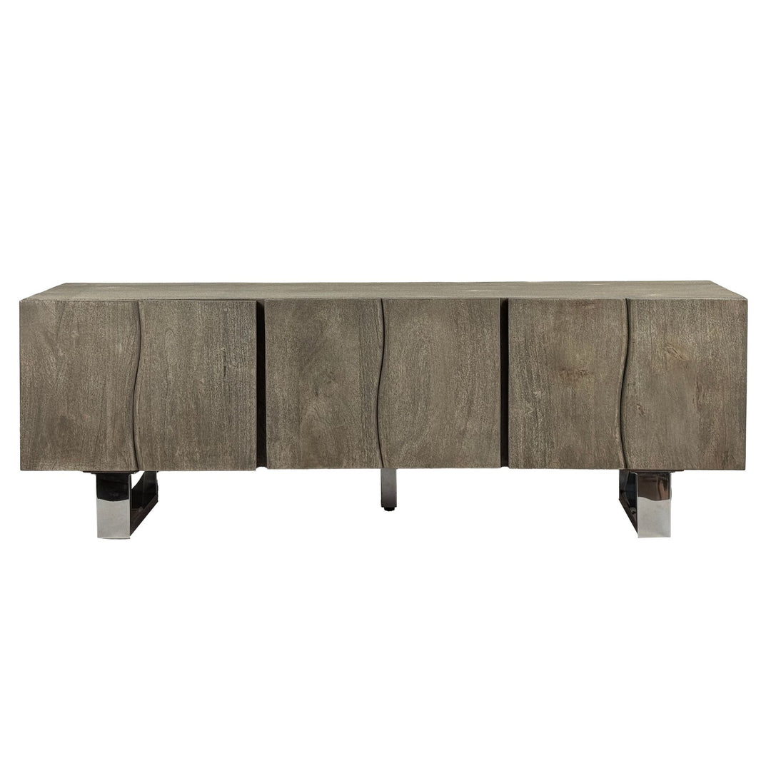 Lavskab i massivt akacietræ, røget grå, 160x56x46 cm, TV-skab med tre låger, designer TV-bord, højt TV-skab, moderne gråt TV-bord, TV-skab til stue med metalben