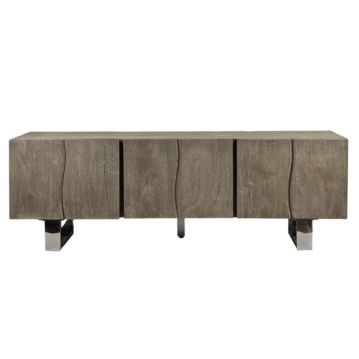 Lavskab i massivt akacietræ, røget grå, 160x56x46 cm, TV-skab med tre låger, designer TV-bord, højt TV-skab, moderne gråt TV-bord, TV-skab til stue med metalben