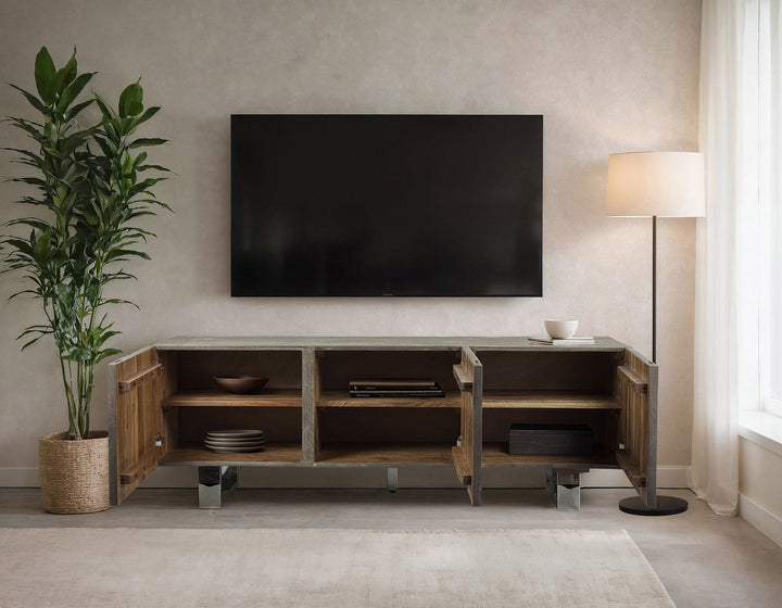 Lavskab i massivt akacietræ, røget grå, 160x56x46 cm, TV-skab med tre låger, designer TV-bord, højt TV-skab, moderne gråt TV-bord, TV-skab til stue med metalben