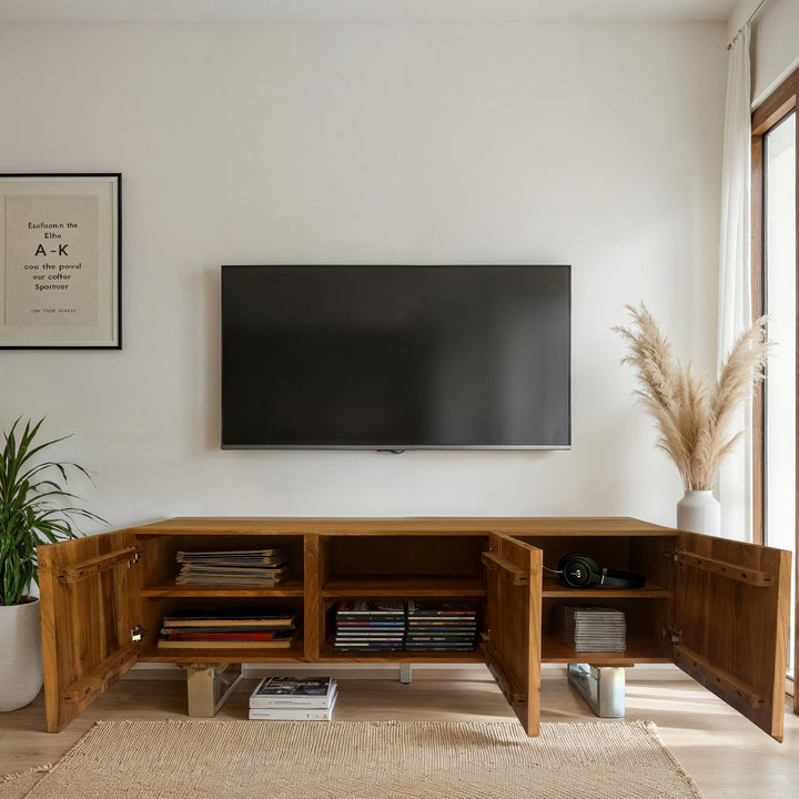 Lavt TV-skab i massivt akacietræ 160x56x46 cm med tre låger