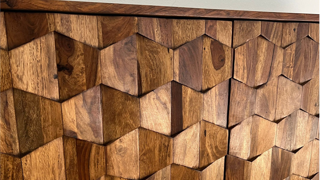 Massivt træ Sheesham skænk 175 cm, loft industrielt design skænk med sort metalramme