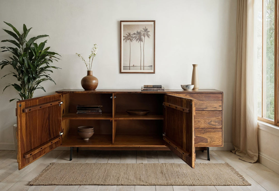 Massivt træ Sheesham skænk 175 cm, loft industrielt design skænk med sort metalramme