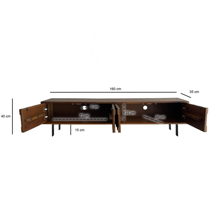 Lavt TV-skab i massivt sheeshamtræ, 160 cm, TV-bord med 3D-fronter, 4 døre, kabelstyring og sorte metalben, designer-TV-skab til stuen