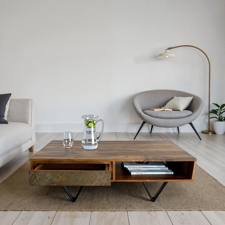 Sheesham sofabord i massivt træ, 115 cm, sofabord med 2 skuffer og opbevaringsrum, stenlignende front, sort metalstel, industrielt design