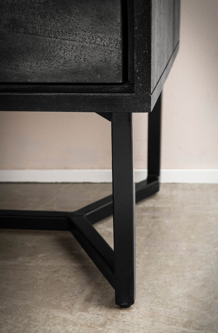 Sengebord i massivt akacietræ, 45x40x57 cm, til boxmadras, moderne sort natbord med 2 skuffer, opbevaringsplads og metalramme