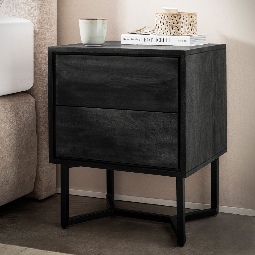 Sengebord i massivt akacietræ, 45x40x57 cm, til boxmadras, moderne sort natbord med 2 skuffer, opbevaringsplads og metalramme