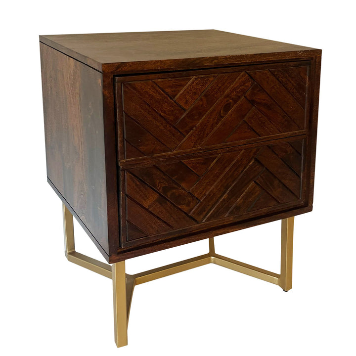 Sengebord i massivt akacietræ, 45x40x57 cm, natbord til boxmadras, moderne brunt natbord med 2 skuffer, sildebensmønster, natbord med opbevaringsplads og metalramme