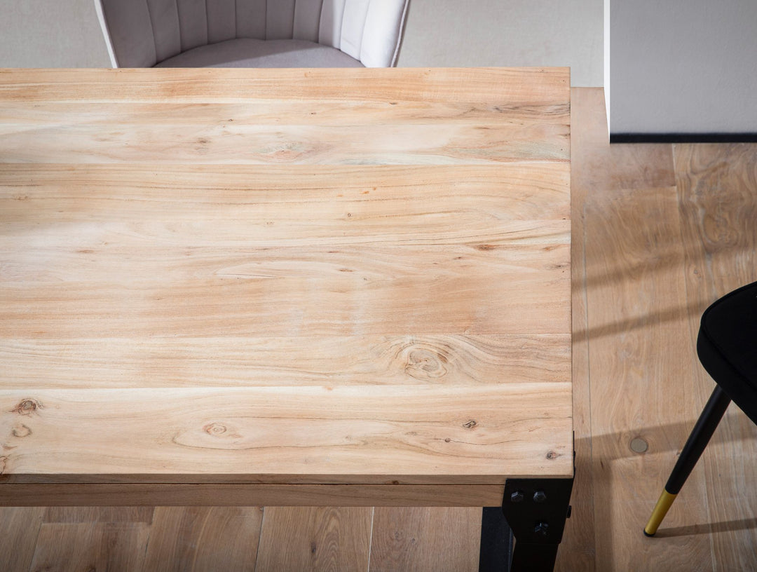 Spisebord 120x60x76 cm, massivt akacietræ, metal, industriel stil, køkkenbord med metalben, lille træbord, rektangulært spisebord