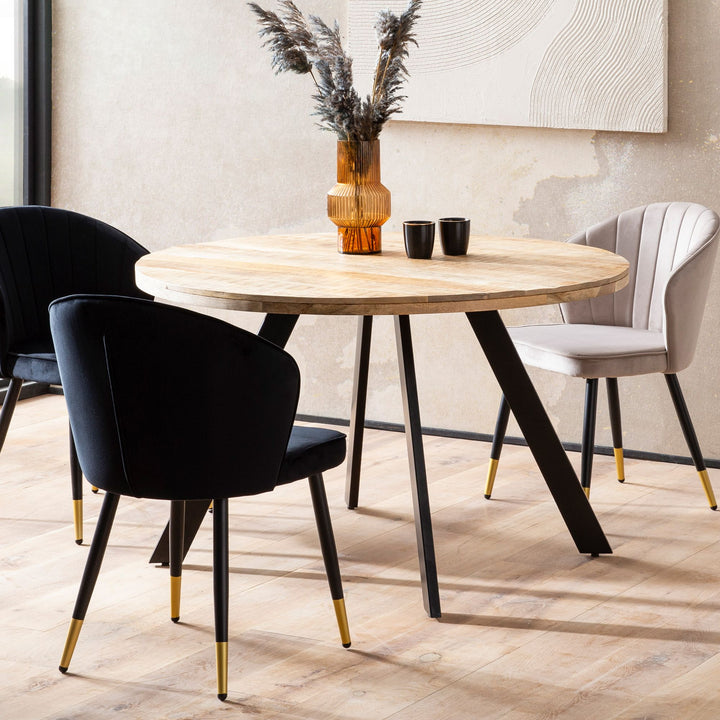 Spisebord 120x120x76 cm, massivt mangotræ, moderne spisebord, massivt trækøkkenbord med metalben, rundt træspisebord, lille træspisebord