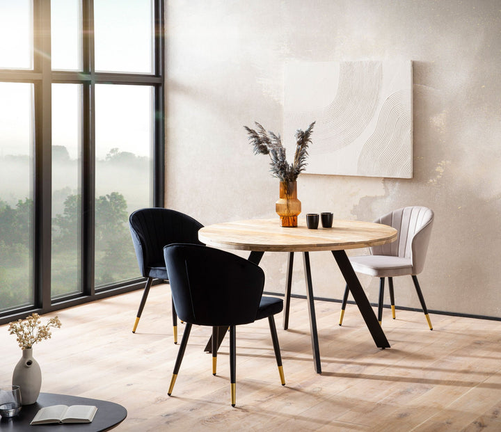 Spisebord 120x120x76 cm, massivt mangotræ, moderne spisebord, massivt trækøkkenbord med metalben, rundt træspisebord, lille træspisebord