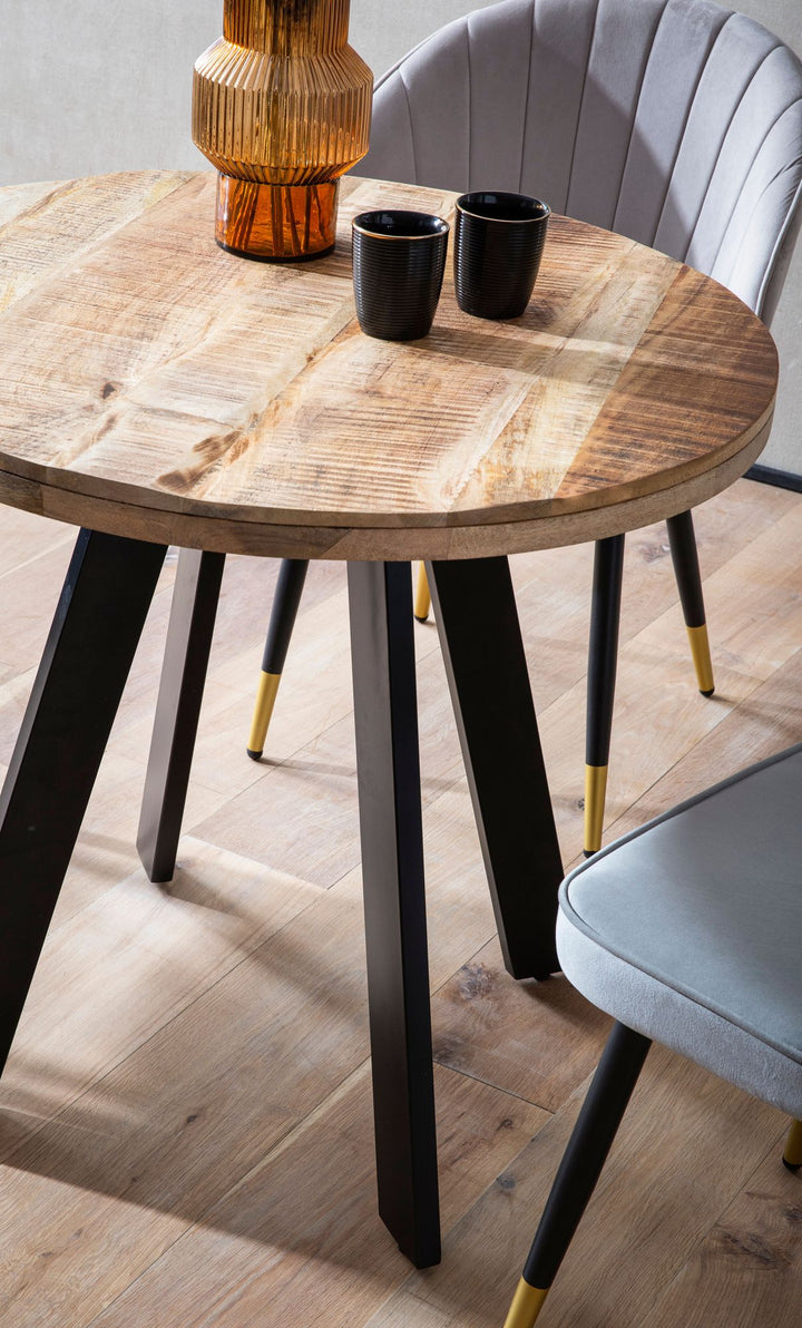 Spisebord 80x80x75 cm, massivt mangotræ, moderne spisebord, massivt trækøkkenbord med metalben, rundt træspisebord, lille træspisebord