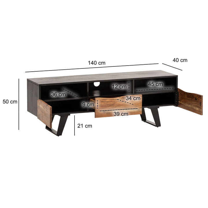 Lavt bord i massivt akacietræ 140x50x40 cm med trækant, sort
