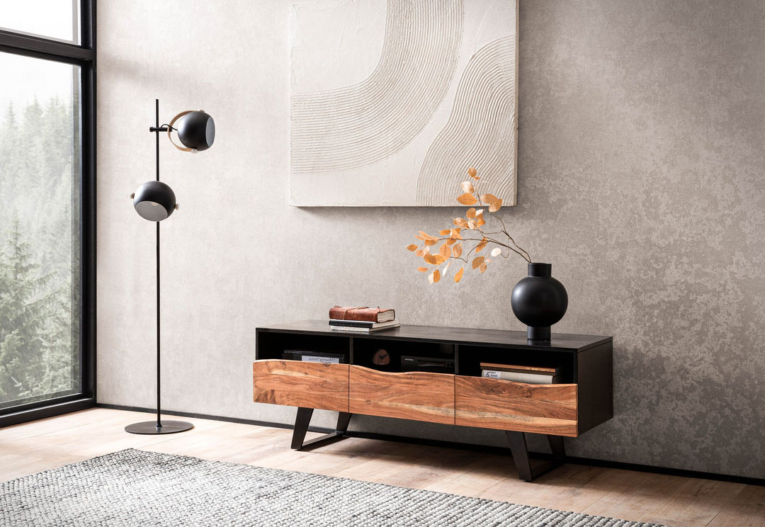 Lavt bord i massivt akacietræ 140x50x40 cm med trækant, sort