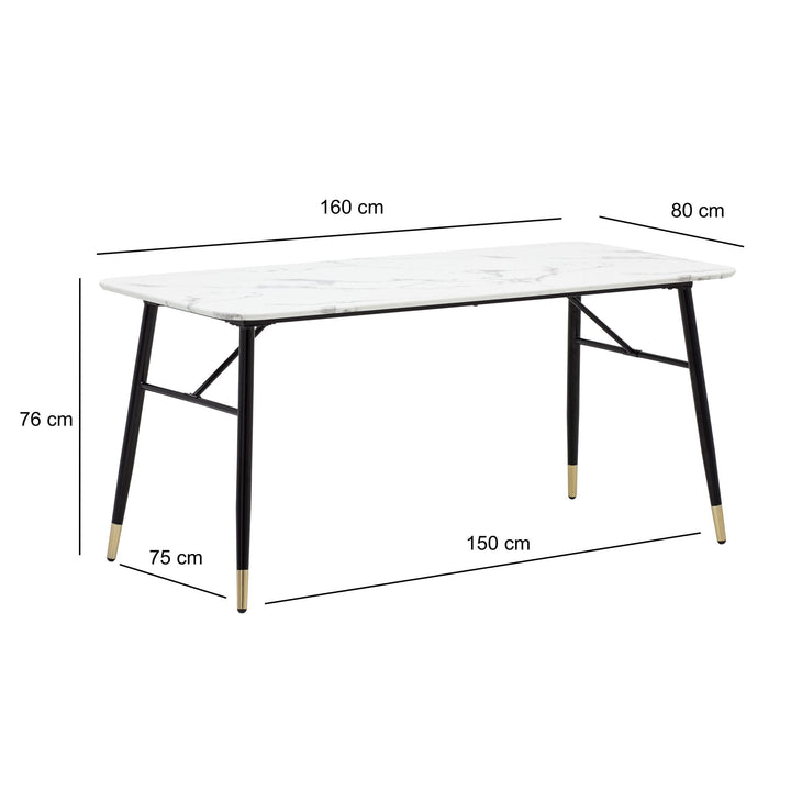 Spisebord med bordplade i hvid marmorlook - 160 x 80 cm - Metalstel