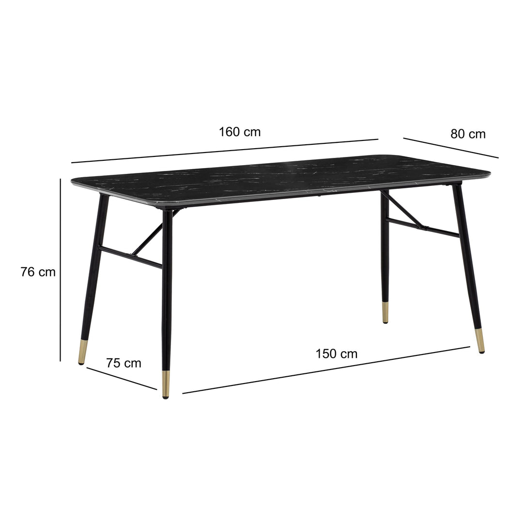 Spisebord med bordplade i sort marmorlook - 160 x 80 cm - Metalstel