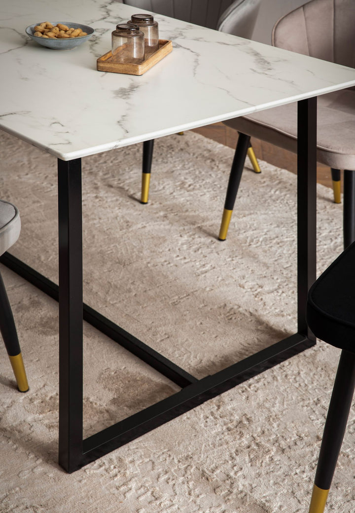 Spisebord 120x60x76 cm, køkkenbord, hvidt med marmorlook, moderne, lille spisebord, rektangulært spisebord, spisebord med metalben