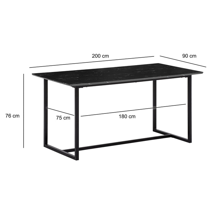 Spisebord 200x90 cm i Sort Marmorlook – Rektangulært Designbord med Metalben