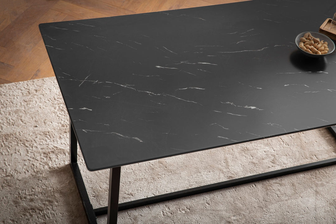 Spisebord 200x90 cm i Sort Marmorlook – Rektangulært Designbord med Metalben