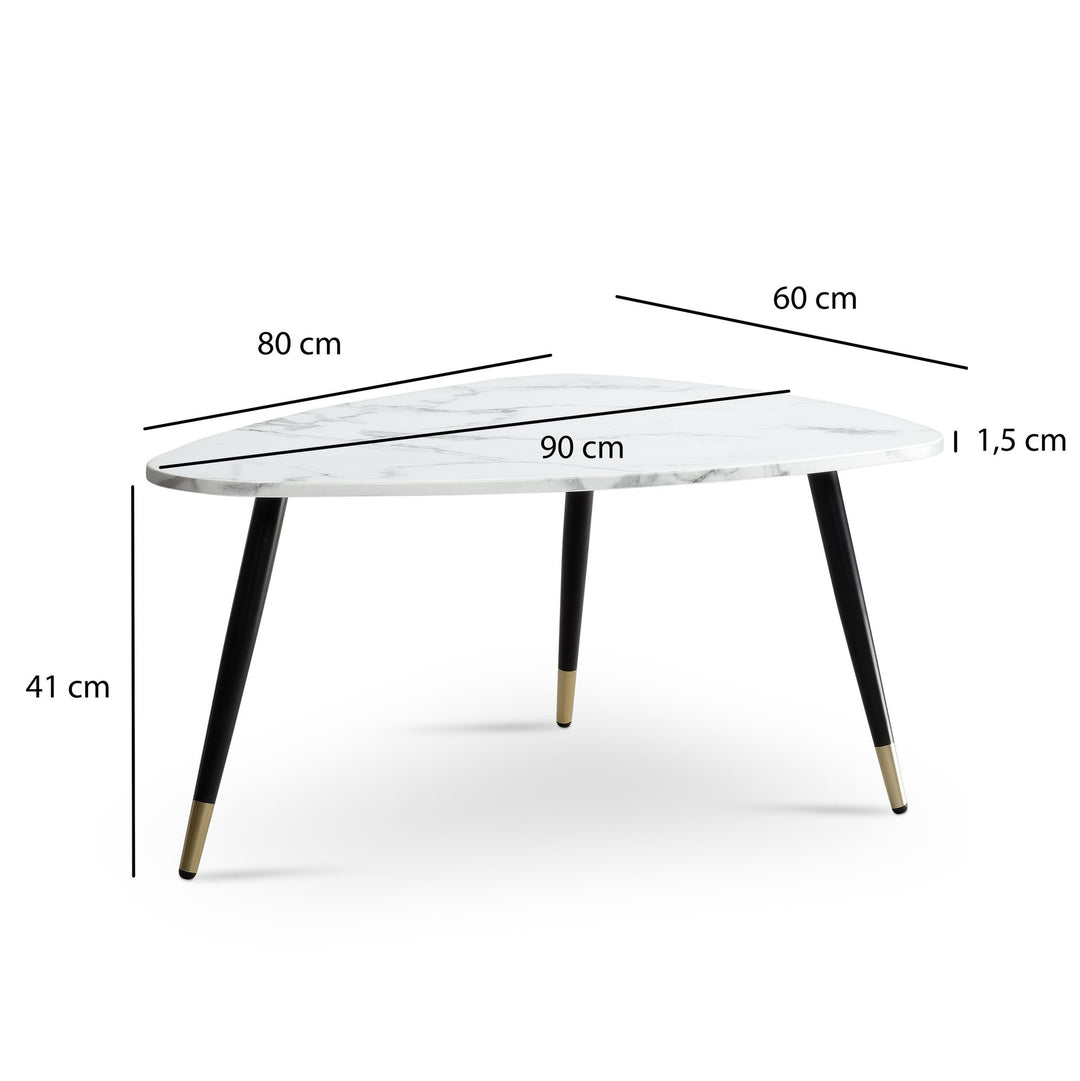 Elegant trekantet sofabord i hvidt marmorlook med slankt metalstel, 90x60x41 cm