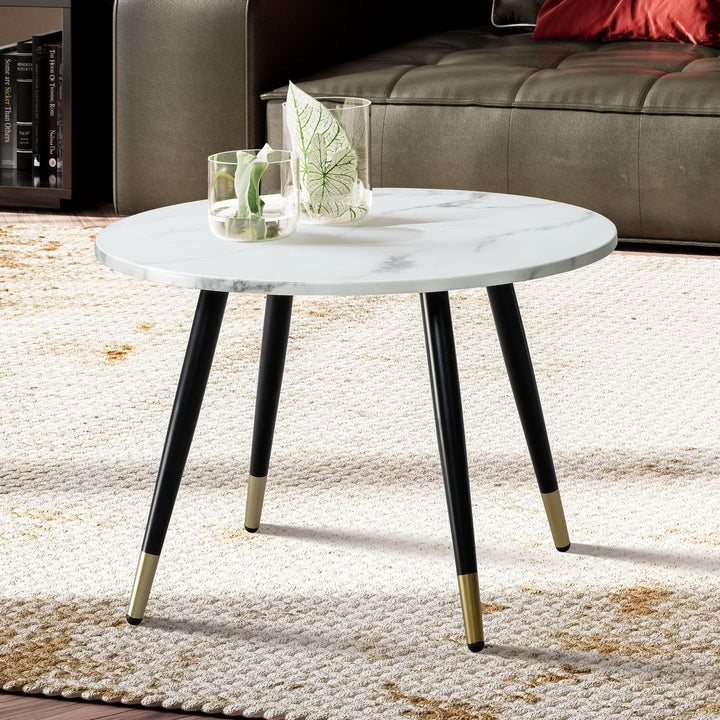 Rundt Sofabord 60 cm med Hvid Marmorlook – Moderne Designbord med Metalstel