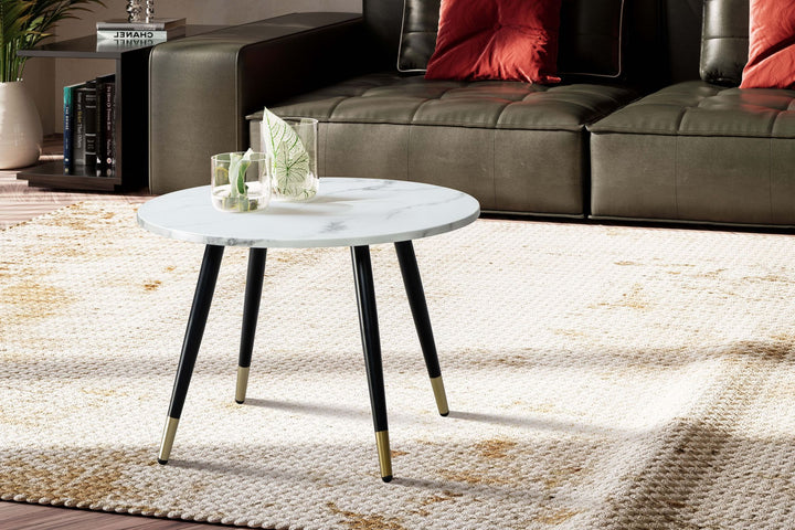 Rundt Sofabord 60 cm med Hvid Marmorlook – Moderne Designbord med Metalstel
