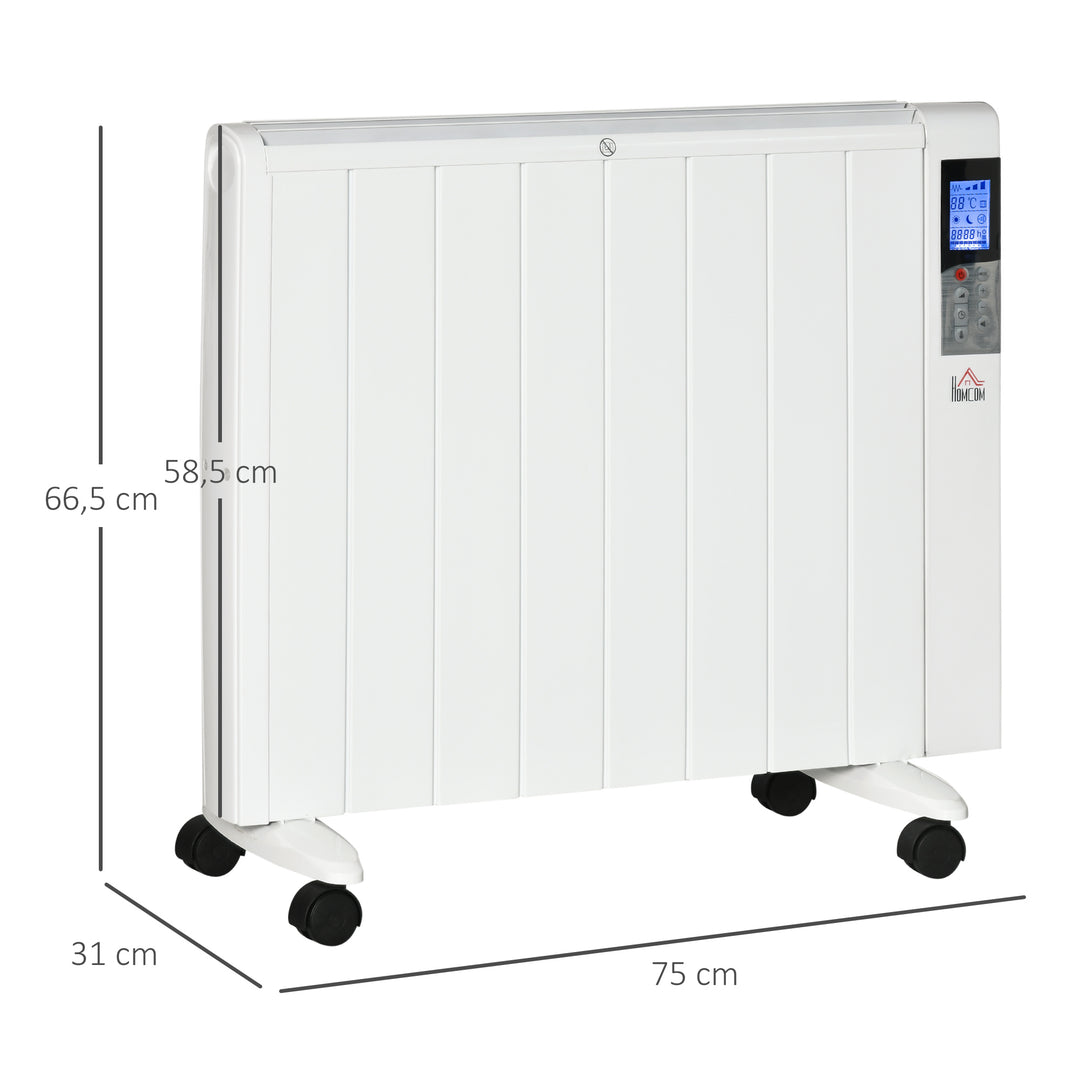 Elektrisk varmelegeme med hjul, 9 forudinstallerede tilstande, vægmonterbar, 5-35°c, hvid, 75 x 7,5 x 58,5 cm