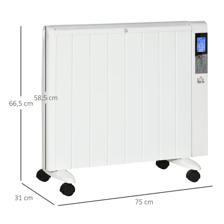 Elektrisk varmelegeme med hjul, 9 forudinstallerede tilstande, vægmonterbar, 5-35°c, hvid, 75 x 7,5 x 58,5 cm