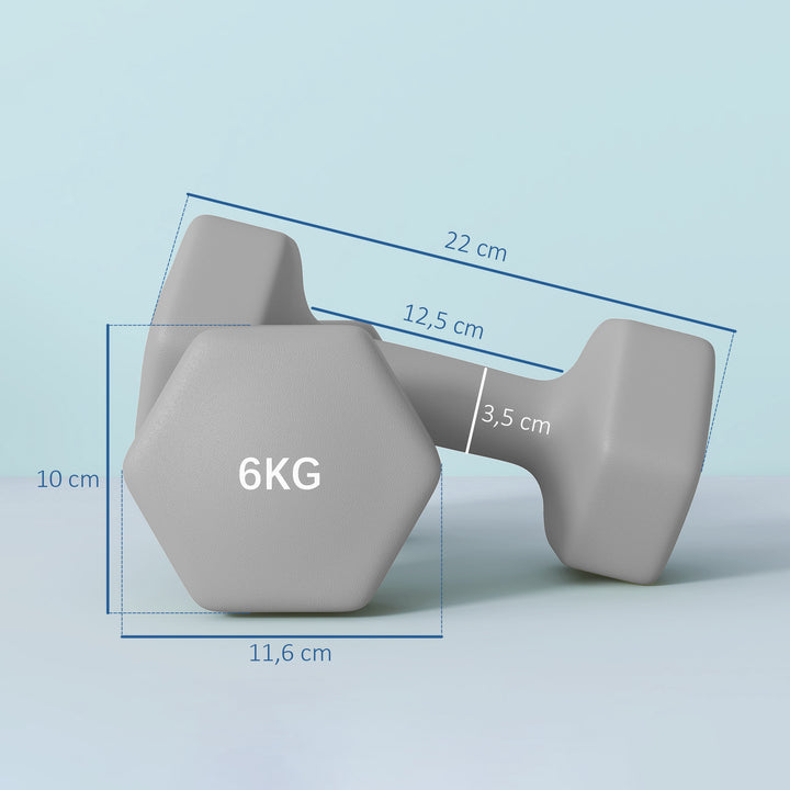 2 x 6 kg håndvægtsæt, sekskantet design, gulvvenlig, skridsikker, grå