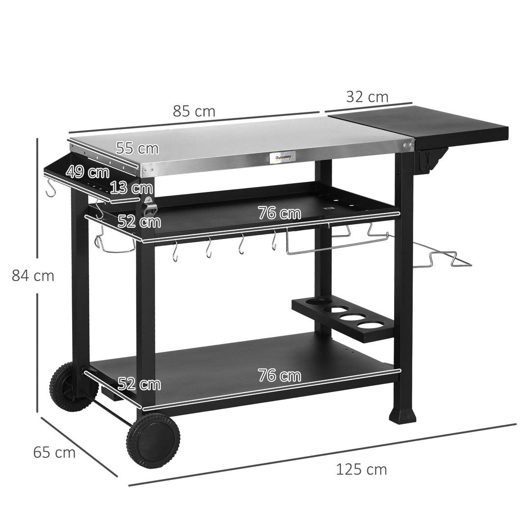 Grillstation/grillvogn, inklusive tilbehør, 125 x 65 x 84 cm, sort + sølv