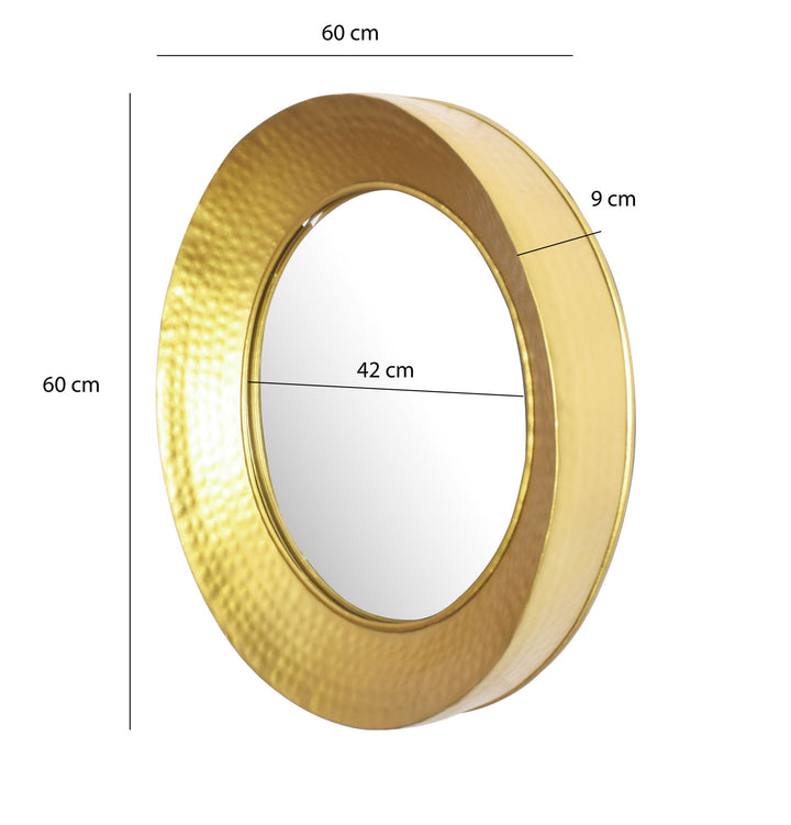 Moderne, rundt vægspejl i 60 cm med en unik hamret guldramme i jern