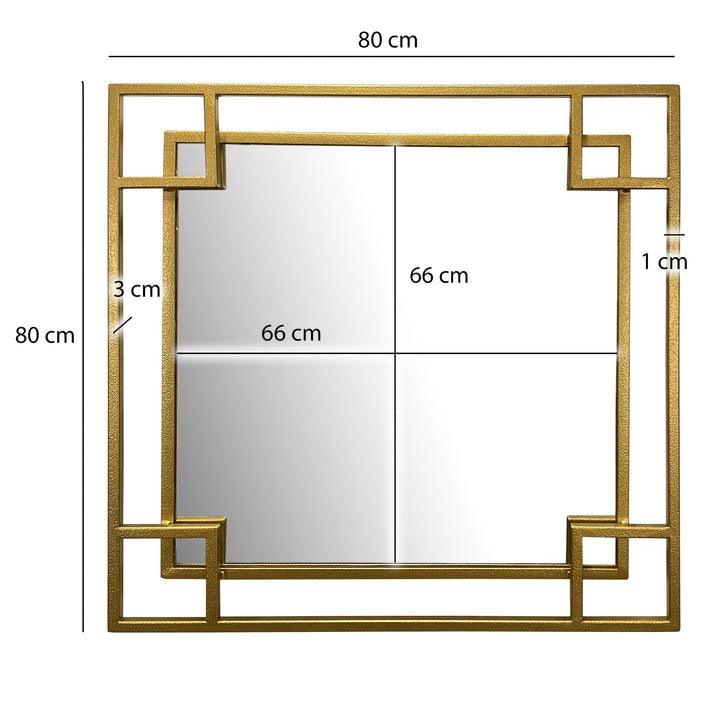 Moderne, firkantet vægspejl i 80x80 cm med en dekorativ guld metalramme